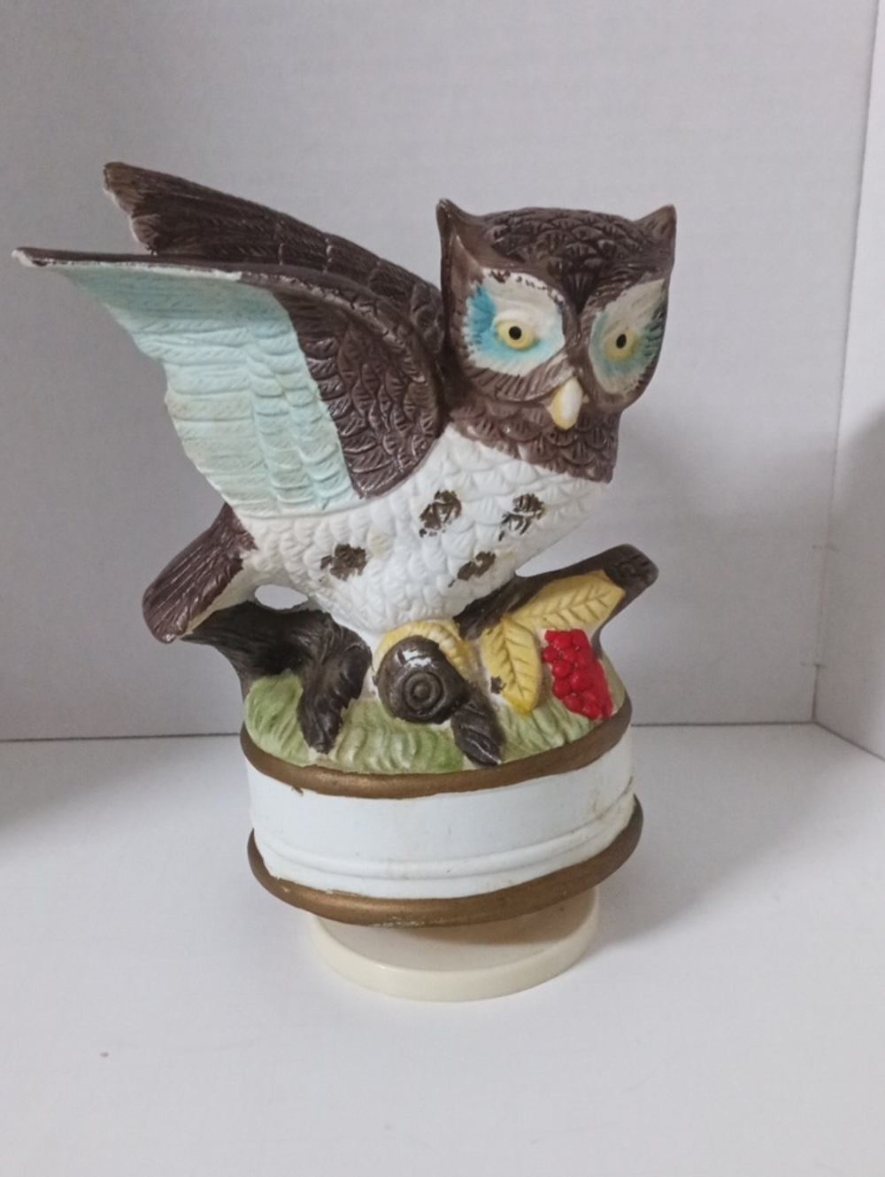 Vintage Decorative Owl Bird Figurine  Music Box- Brown, White, Blue Accents